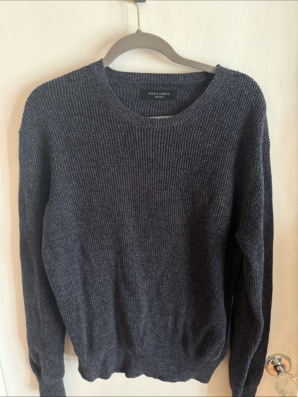 All Saints Men's Dark Blue/Grey Ribbed Rias  Crewneck Sweater
